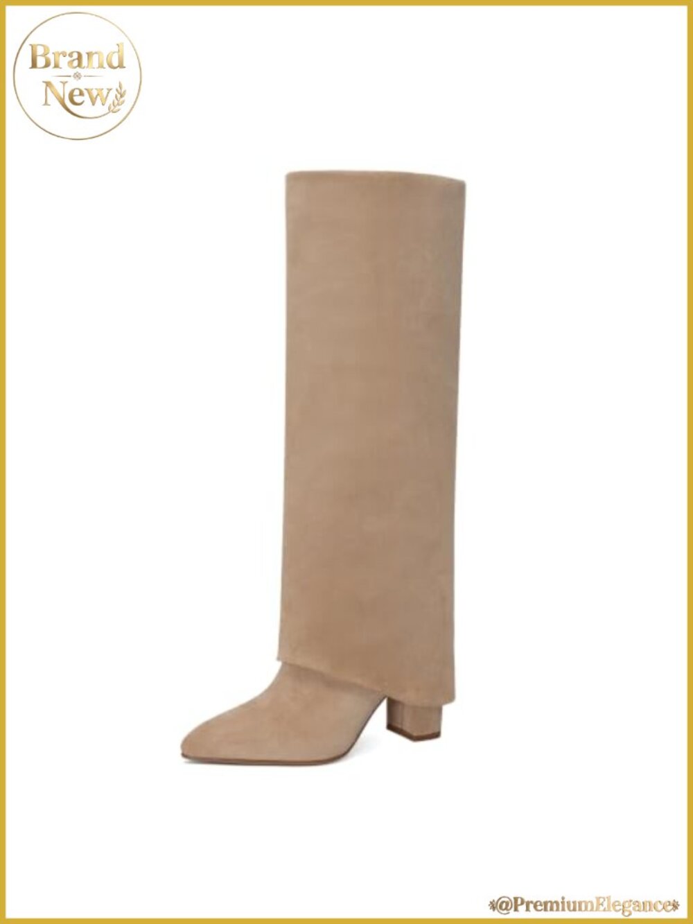 Knee High Boots Women Fold Over Chunky Heel Pointed Toe PU Leather Tall Boots